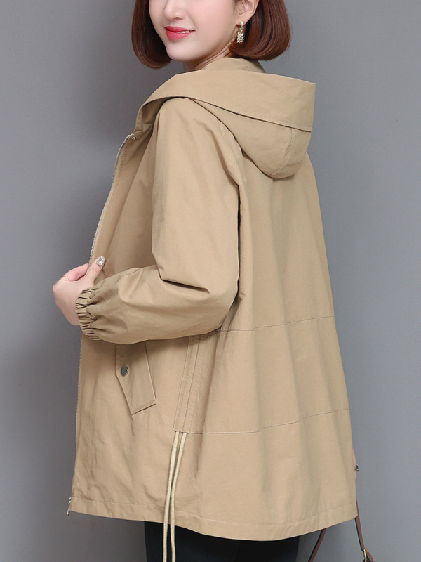 Palton casual cu glugă, lungime medie, pentru primăvară-toamnă, culoare solidă, amestec bumbac-nylon, croială lejeră, fermoar frontal, stil casual japonez-coreean