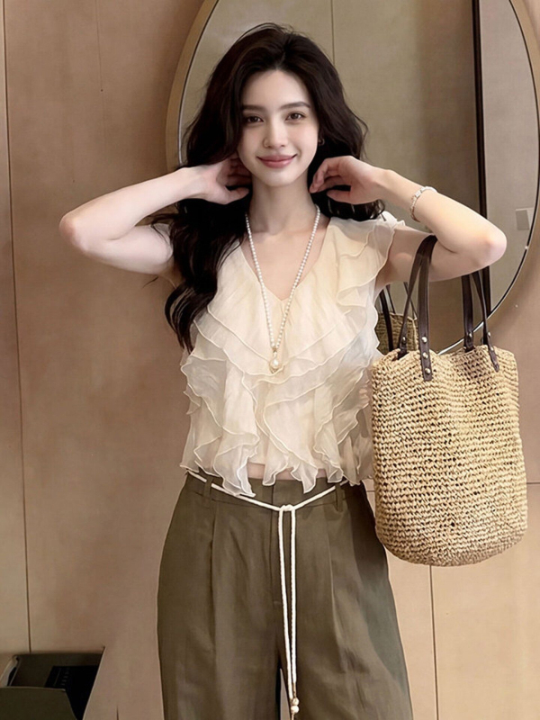 Chiffon blúz fodros szegéllyel és V-nyakkal, női felső francia chic stílusban