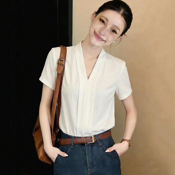 V-nyakú chiffon hosszú ujjú női irodai blúz, fehér