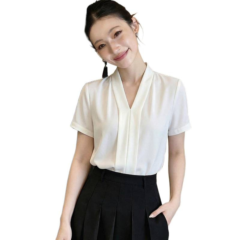 V-nyakú chiffon hosszú ujjú női irodai blúz, fehér