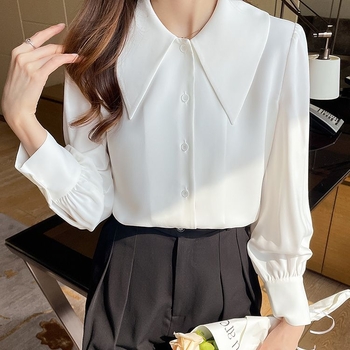Francia retro blúz csúcsos gallérral, puff ujjal, chiffon anyag, hosszú ujjú, egyszínű fehér, lazán szabott