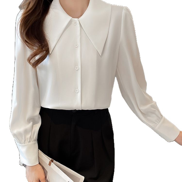 Francia retro blúz csúcsos gallérral, puff ujjal, chiffon anyag, hosszú ujjú, egyszínű fehér, lazán szabott