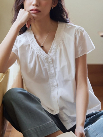Fehér női V-nyakú rövid ujjú ing, nyári francia plisírozott babydoll-top, 100% pamut