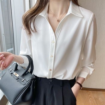 Női fehér szaténblúz, tavasz 2024, elegáns hosszú ujjú chiffon-blúz