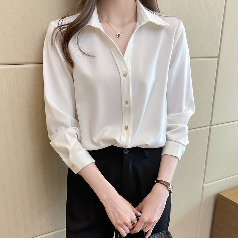 Női fehér szaténblúz, tavasz 2024, elegáns hosszú ujjú chiffon-blúz