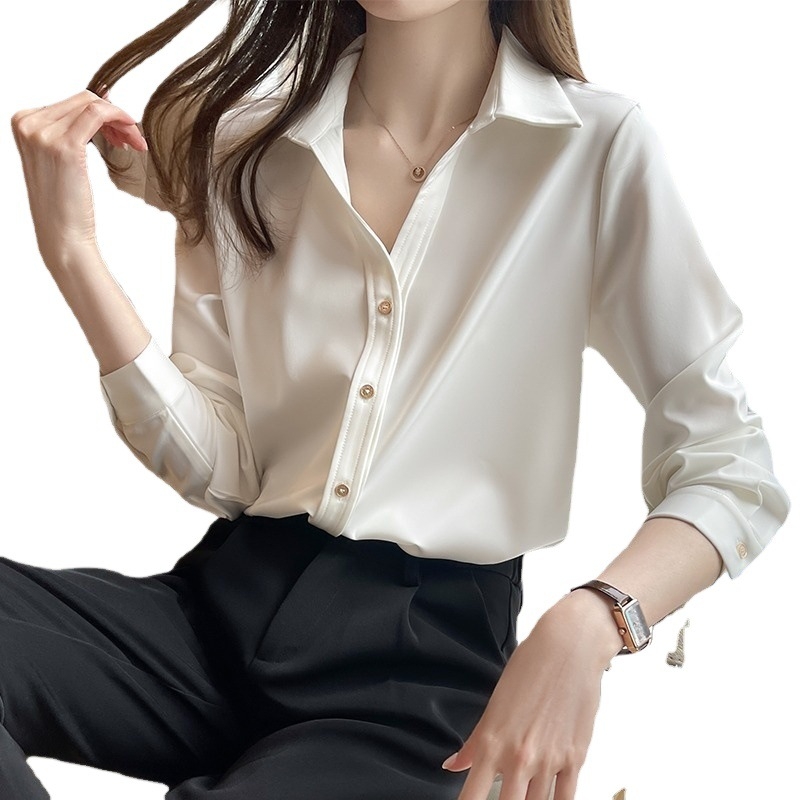 Női fehér szaténblúz, tavasz 2024, elegáns hosszú ujjú chiffon-blúz