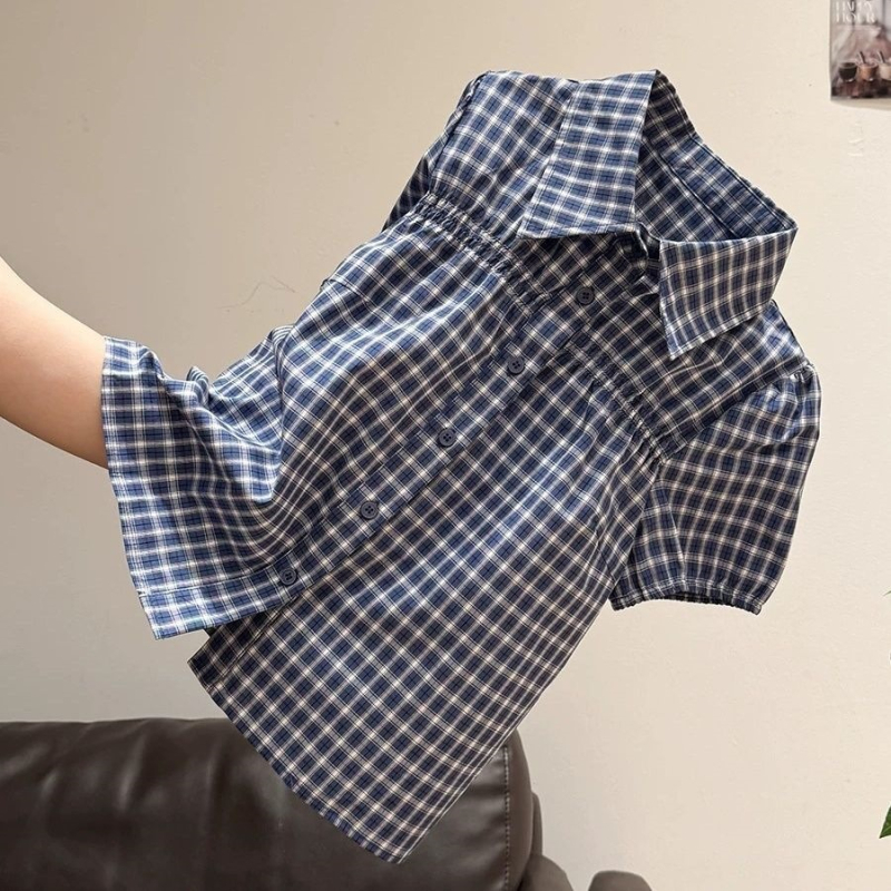 Női kockás pólóing, rövid ujjú, polo gallérral, nyári preppy stílusú, gombos elöl