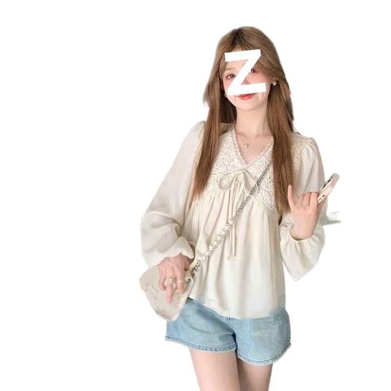 Csipkés, zsinórral záródó hosszú ujjú Blúz, V-nyakú, chiffon anyag