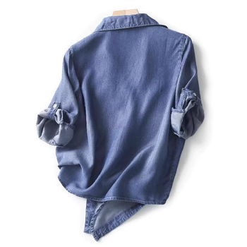 V-nyakú drapált denim-ing, kötéssel a szegélyen, 3/4-es ujjú, nyári laza női felső