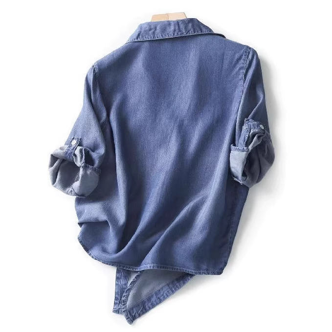 V-nyakú drapált denim-ing, kötéssel a szegélyen, 3/4-es ujjú, nyári laza női felső