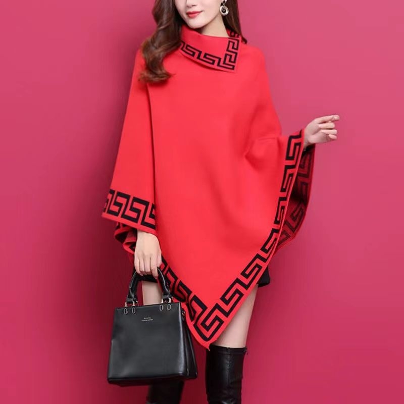 Női kötött batwing köpeny-sweater, középhosszú kabát, laza szabás, ferde gallér és sál, őszi-téli stílus