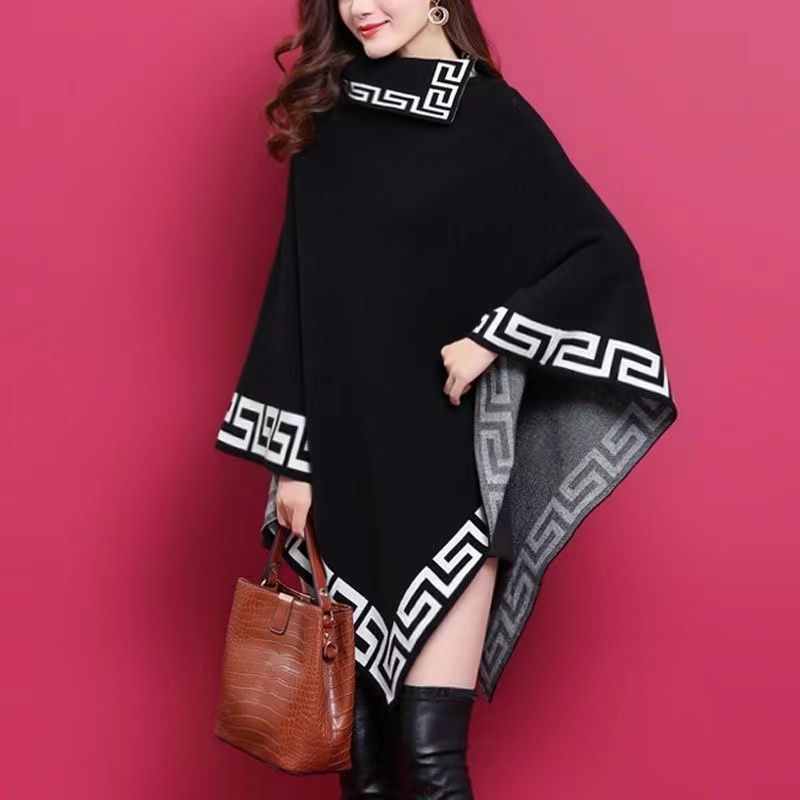 Női kötött batwing köpeny-sweater, középhosszú kabát, laza szabás, ferde gallér és sál, őszi-téli stílus