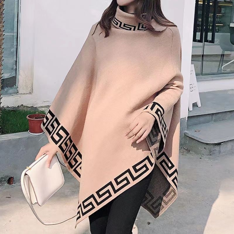 Női kötött batwing köpeny-sweater, középhosszú kabát, laza szabás, ferde gallér és sál, őszi-téli stílus