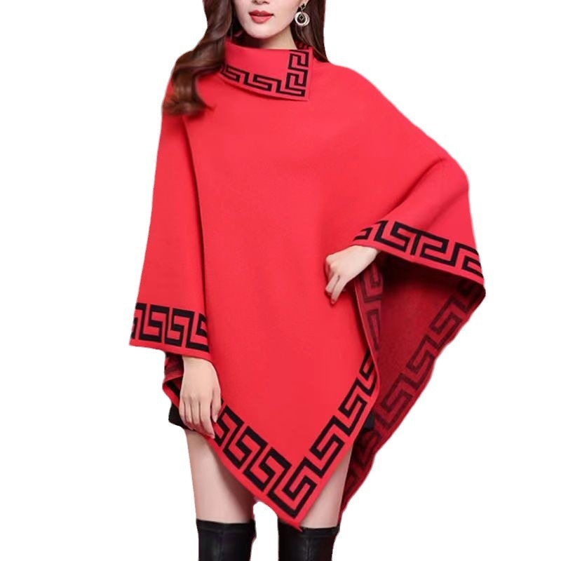 Női kötött batwing köpeny-sweater, középhosszú kabát, laza szabás, ferde gallér és sál, őszi-téli stílus