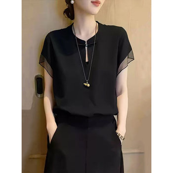 Női rövid ujjú chiffon ing, lyukacsos részletekkel, 2026 nyár kollekció, elegáns és sokoldalú