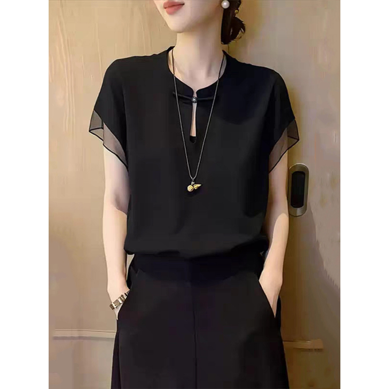 Női rövid ujjú chiffon ing, lyukacsos részletekkel, 2026 nyár kollekció, elegáns és sokoldalú