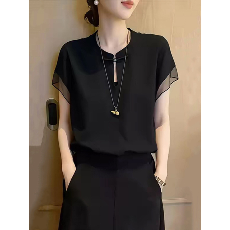 Női rövid ujjú chiffon ing, lyukacsos részletekkel, 2026 nyár kollekció, elegáns és sokoldalú