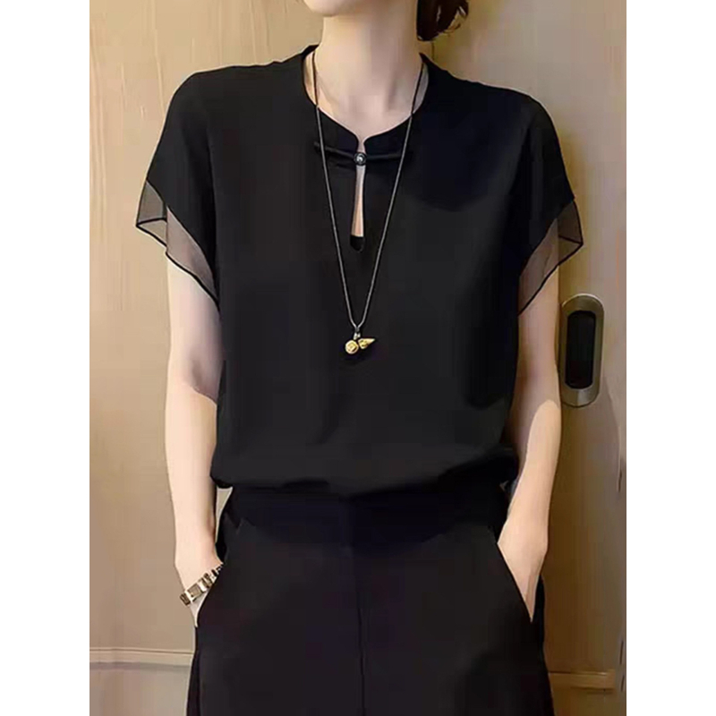 Női rövid ujjú chiffon ing, lyukacsos részletekkel, 2026 nyár kollekció, elegáns és sokoldalú