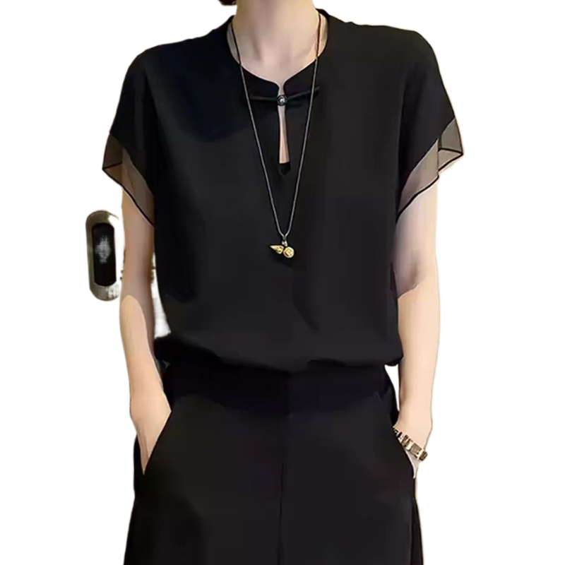 Női rövid ujjú chiffon ing, lyukacsos részletekkel, 2026 nyár kollekció, elegáns és sokoldalú