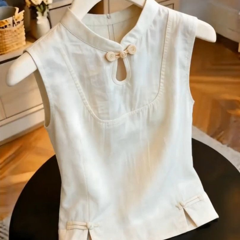 Női ujjatlan felső kínai stílusban, nyár, kis méret, könnyű luxus, elegáns blúz kínai csomózárakkal