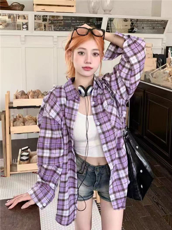 Női laza hosszú ujjú lila kockásing, koreai stílus, laza szabás, tavasz–ősz, vintage casual
