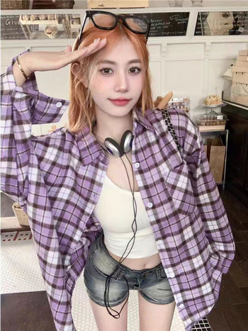 Női laza hosszú ujjú lila kockásing, koreai stílus, laza szabás, tavasz–ősz, vintage casual