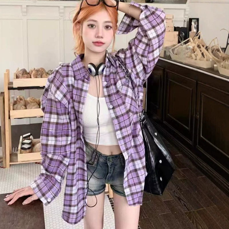 Női laza hosszú ujjú lila kockásing, koreai stílus, laza szabás, tavasz–ősz, vintage casual