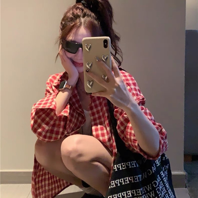 Vintage piros kockás ing-jacka, 2025-őszi új modell, hosszú ujjú, laza szabás