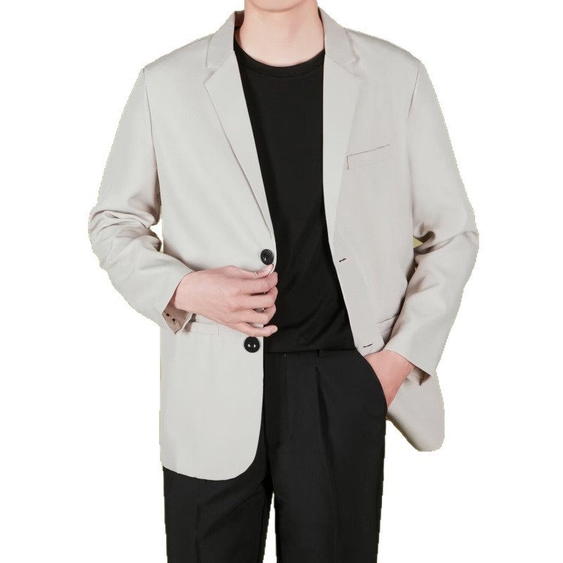 Casual ανδρικό σακάκι blazer, κορεατικού στυλ, μοντέρνο ελαφρύ blazer σε γραμμή με δύο κουμπιά, notched lapel, πολυεστερική μίξη, μονόχρωμο, μακριά μανίκια, άνετη εφαρμογή για εργασία.