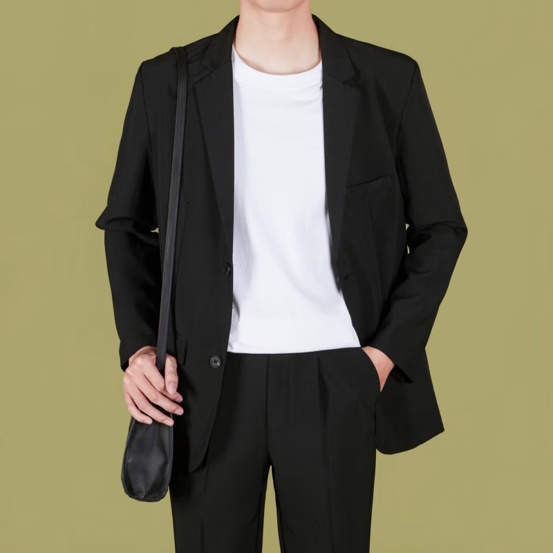 Casual ανδρικό σακάκι blazer, κορεατικού στυλ, μοντέρνο ελαφρύ blazer σε γραμμή με δύο κουμπιά, notched lapel, πολυεστερική μίξη, μονόχρωμο, μακριά μανίκια, άνετη εφαρμογή για εργασία.