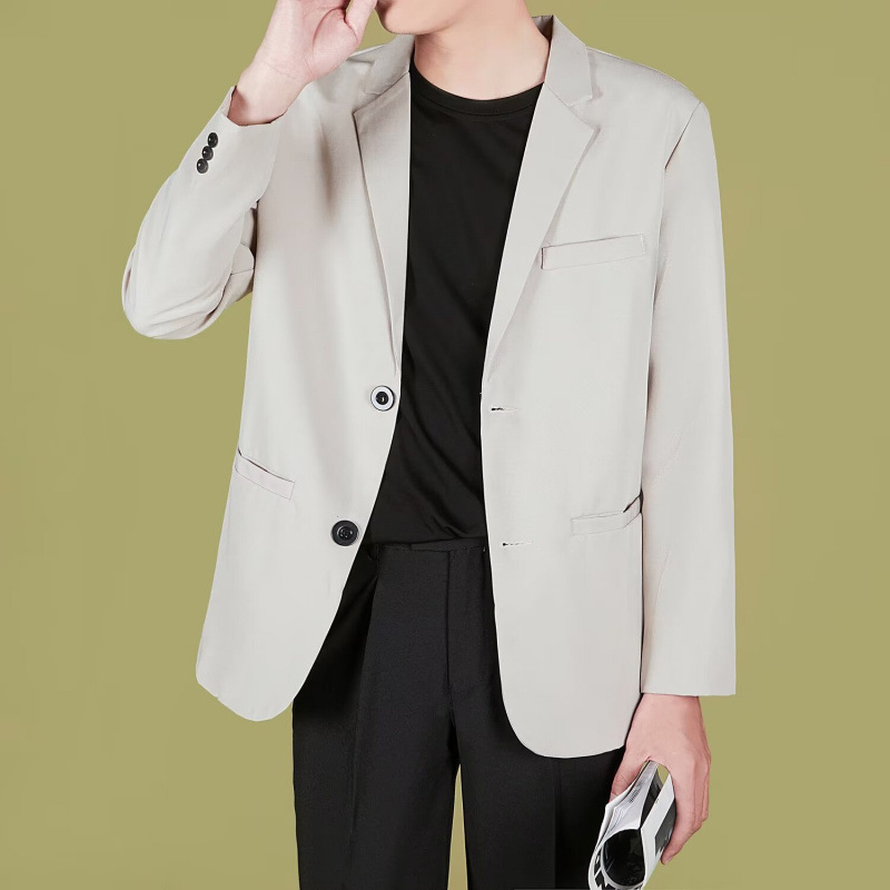 Casual ανδρικό σακάκι blazer, κορεατικού στυλ, μοντέρνο ελαφρύ blazer σε γραμμή με δύο κουμπιά, notched lapel, πολυεστερική μίξη, μονόχρωμο, μακριά μανίκια, άνετη εφαρμογή για εργασία.