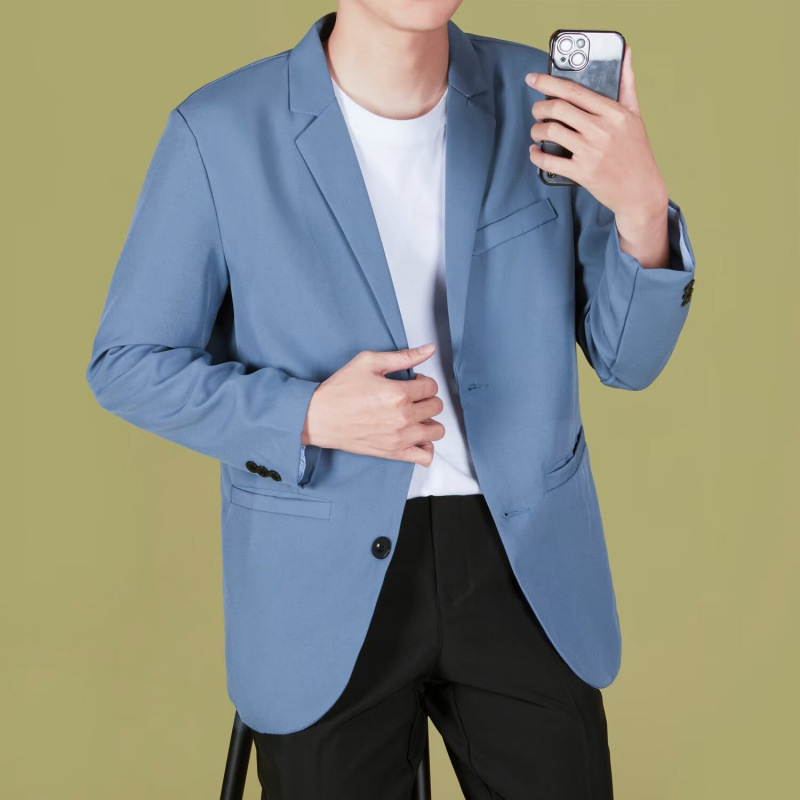 Casual ανδρικό σακάκι blazer, κορεατικού στυλ, μοντέρνο ελαφρύ blazer σε γραμμή με δύο κουμπιά, notched lapel, πολυεστερική μίξη, μονόχρωμο, μακριά μανίκια, άνετη εφαρμογή για εργασία.