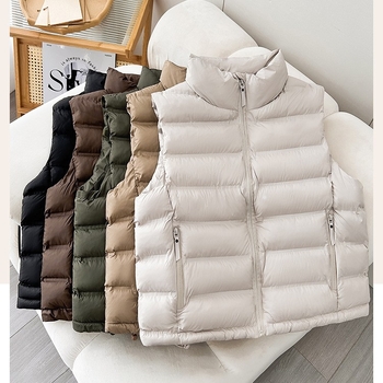 Vestă scurtă din puf-cotton pentru femei, ușoară, stil coreean, guler înalt, caldă și versatilă.