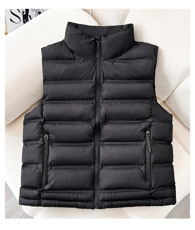 Vestă scurtă din puf-cotton pentru femei, ușoară, stil coreean, guler înalt, caldă și versatilă.