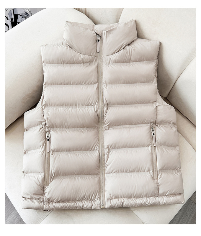 Vestă scurtă din puf-cotton pentru femei, ușoară, stil coreean, guler înalt, caldă și versatilă.