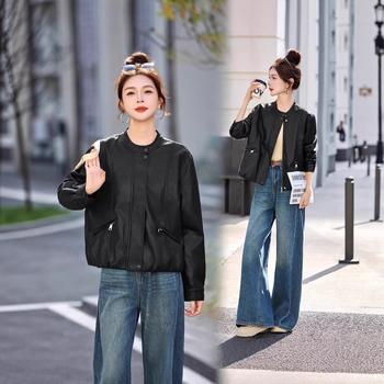 Jachetă scurtă din piele de miel pentru femei, cu guler standing, primăvara 2026, pentru persoane de talie mică, stil casual elegant, tineresc