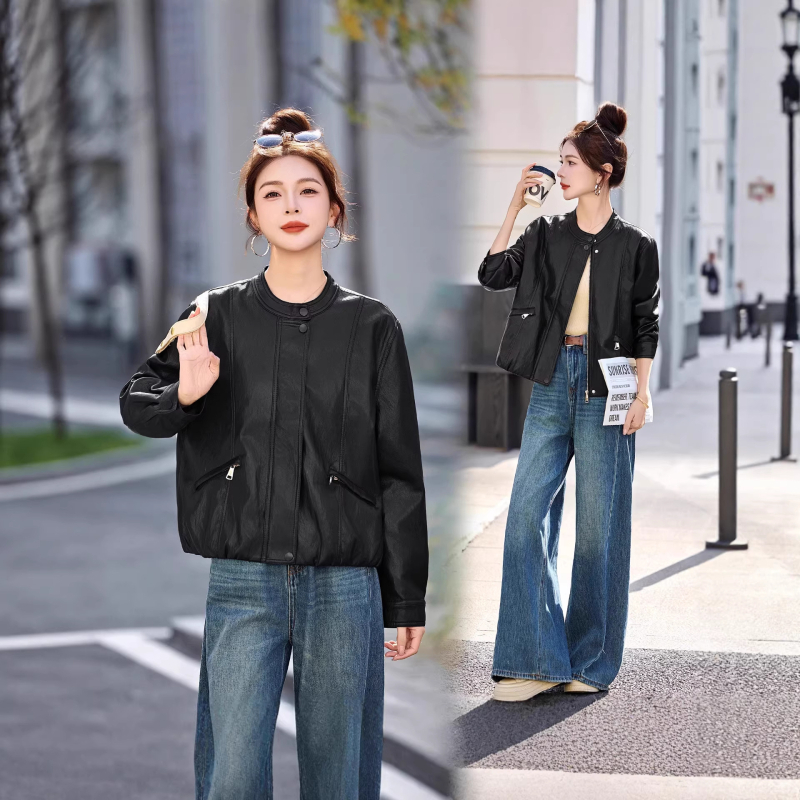 Jachetă scurtă din piele de miel pentru femei, cu guler standing, primăvara 2026, pentru persoane de talie mică, stil casual elegant, tineresc