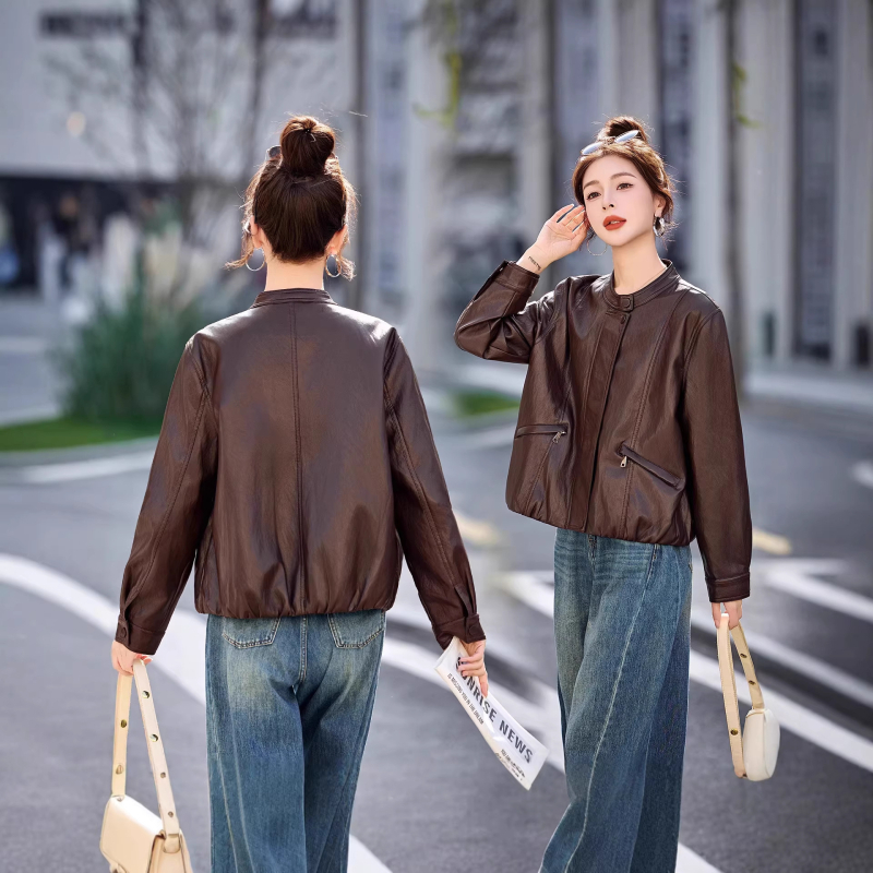 Jachetă scurtă din piele de miel pentru femei, cu guler standing, primăvara 2026, pentru persoane de talie mică, stil casual elegant, tineresc
