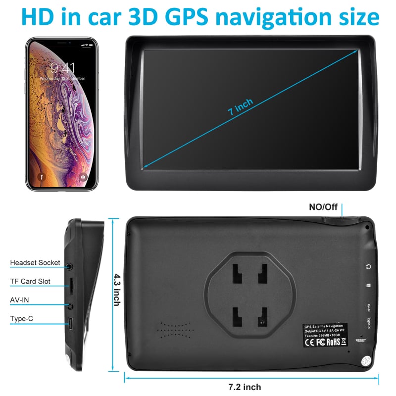 7-inčni GPS navigacijski uređaj s Type-C priključkom, modul sjenila i HD zaslon, auto dodatak