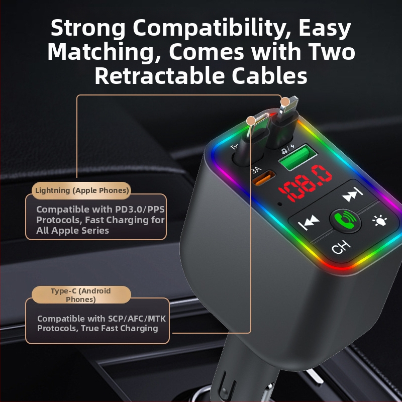 Auto MP3 player s FM Bluetoothom i atmosferskim svjetlom, 3-u-1 kabel za brzo punjenje