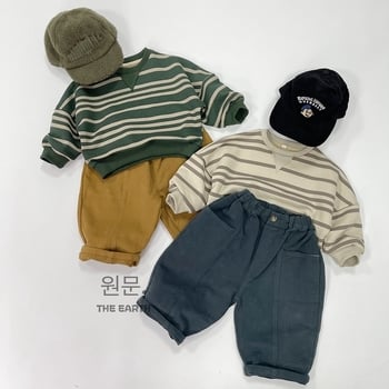 Pulover pentru copii, pe dungi, mâneci lungi, stil coreean de toamnă, guler rotund, top casual