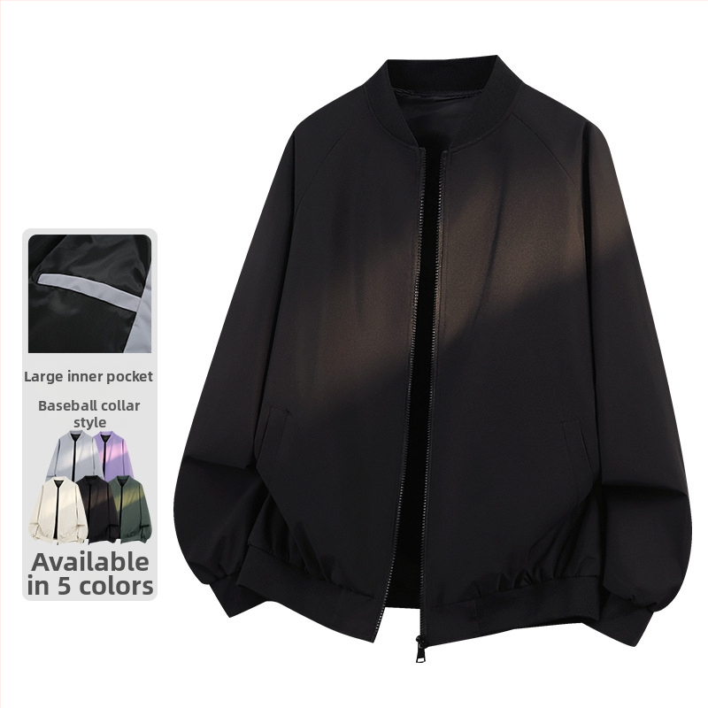 Egyszerű férfi kabát amerikai stílusban, álló gallérral, workwear-hatást idéző szélálló kabát, bő szabás, casual, tavasz–őszre.