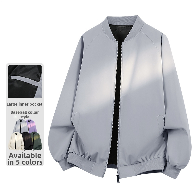 Egyszerű férfi kabát amerikai stílusban, álló gallérral, workwear-hatást idéző szélálló kabát, bő szabás, casual, tavasz–őszre.