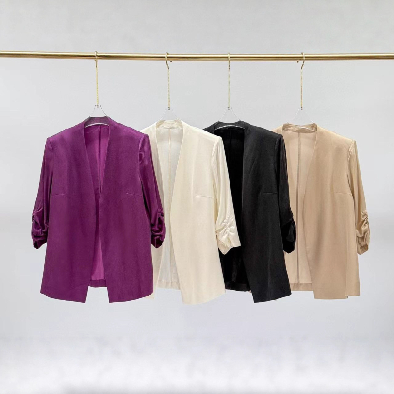 Női Cupro rostból készült V-nyakú zakó, elegáns és sokoldalú, laza szabású, munka- és szabadidő viselethez, gomb nélküli cardigan-stílus