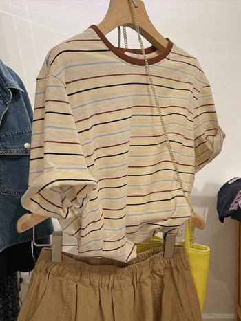 Csíkos női pamut T-shirt, nyári laza szabás, nagy méret, koreai stílus