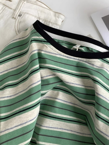 Csíkos női pamut T-shirt, nyári laza szabás, nagy méret, koreai stílus