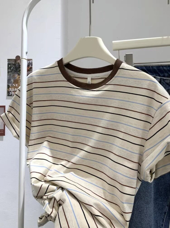 Csíkos női pamut T-shirt, nyári laza szabás, nagy méret, koreai stílus