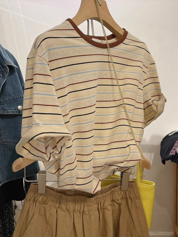 Csíkos női pamut T-shirt, nyári laza szabás, nagy méret, koreai stílus