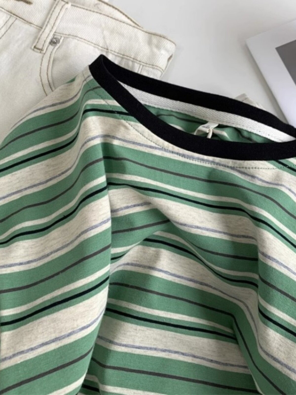 Csíkos női pamut T-shirt, nyári laza szabás, nagy méret, koreai stílus