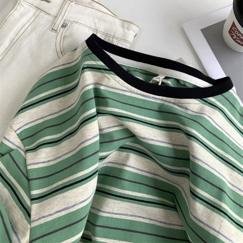 Csíkos női pamut T-shirt, nyári laza szabás, nagy méret, koreai stílus